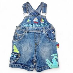 Flapdoodles Shortall Overalls Baby 18M Nautical Embroidered Octopus Sailboat Y2K